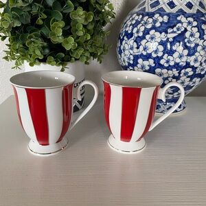 GRACE'S TEAWARE Fine Porcelain Red Scallop Striped Red White Tea mug cup set 2